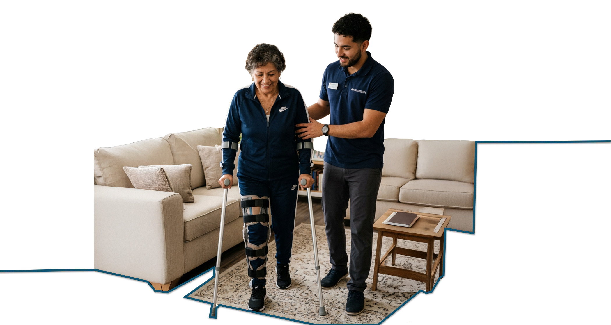 Fisioterapeuta ayudando a paciente con muletas en casa